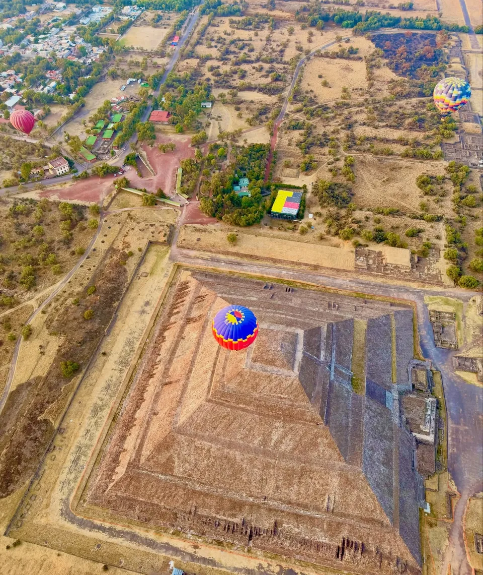 The Ciudadela and the Temple of Quetzalcoatl at Teotihuacan seen from a balloon