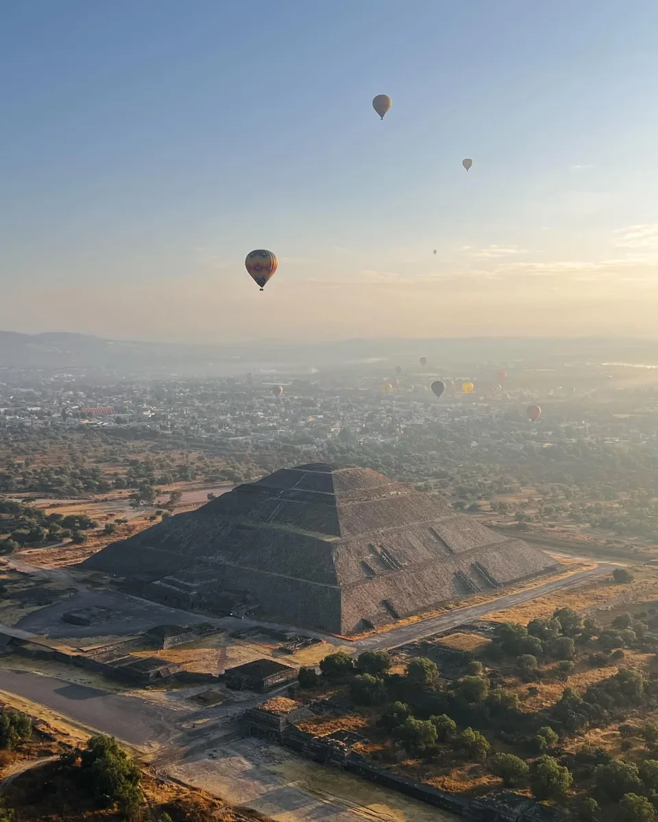 The Pyramid of the Moon and its plaza seen from a balloon at first light