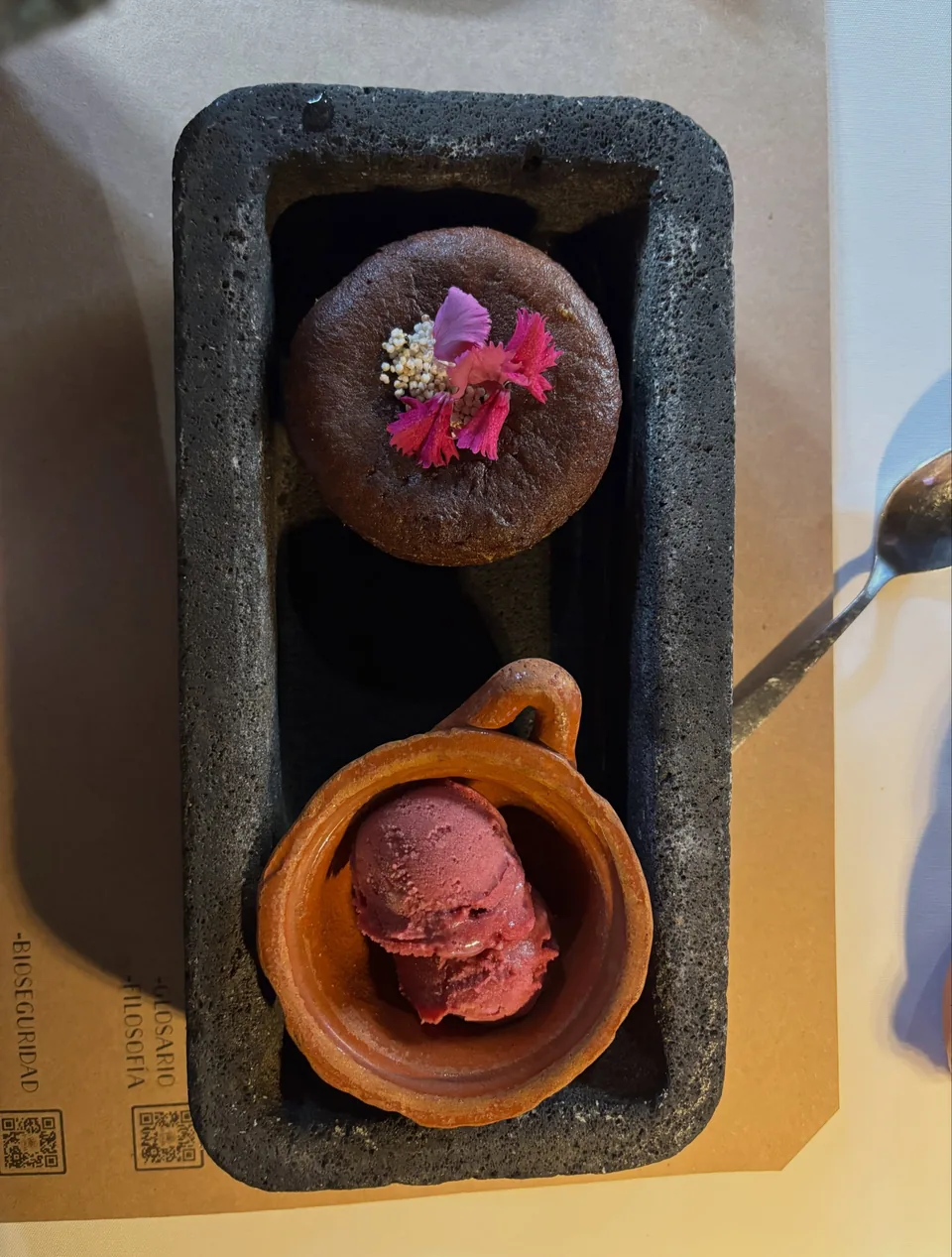Artisan ice cream served in a stone mortar at La Gruta Teotihuacan